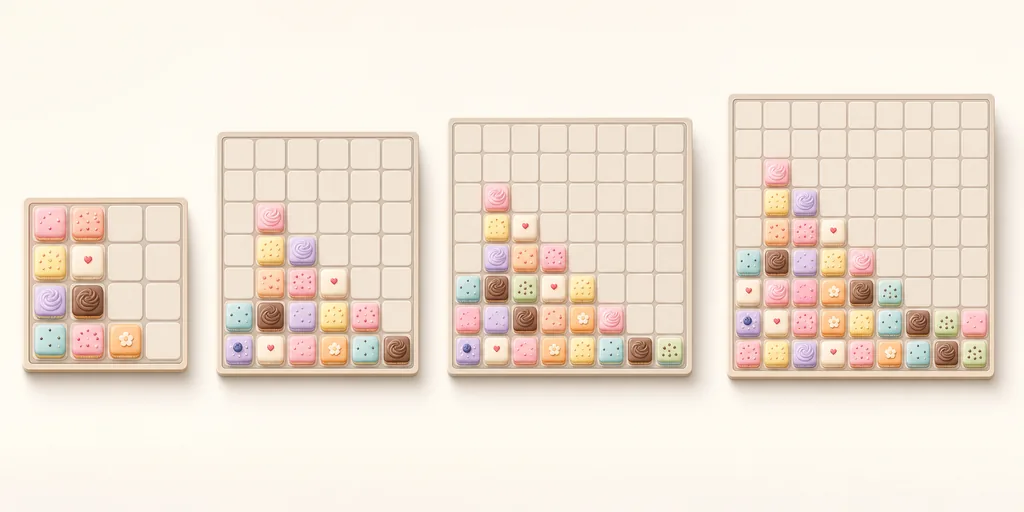 Editorial concept comparison of 4x4, 7x7, 8x8, and 9x9 2048 board sizes