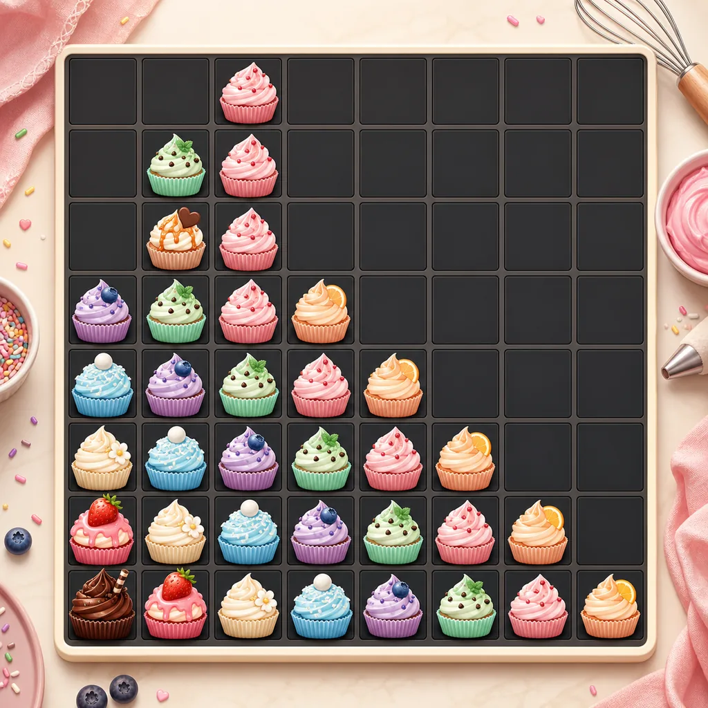 Editorial concept illustration of an 8x8 2048 board with cupcake tiles and open recovery space