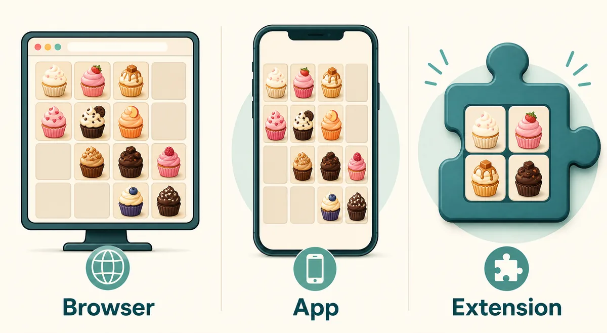 Editorial comparison of 2048 Cupcakes browser play, mobile app, and browser extension options