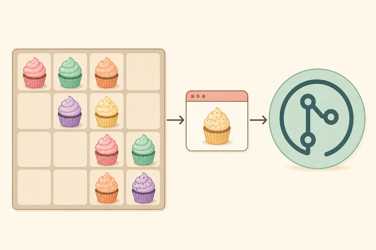 Editorial illustration showing a Cupcakes 2048 board connected to a code repository symbol