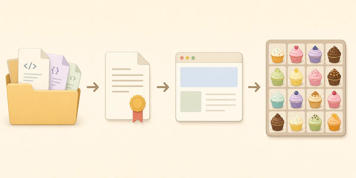Editorial flow illustration from source files and a license document to a browser demo and cupcake board