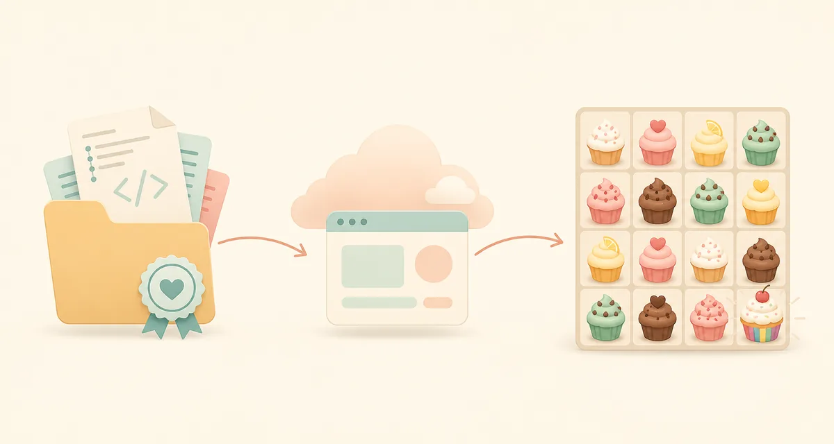 Editorial comparison illustration of a code repository, hosted web page, and Cupcakes 2048 board