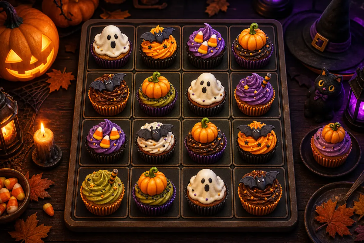 Editorial concept image of a Halloween-themed Cupcakes 2048 puzzle board with spooky cupcake tiles