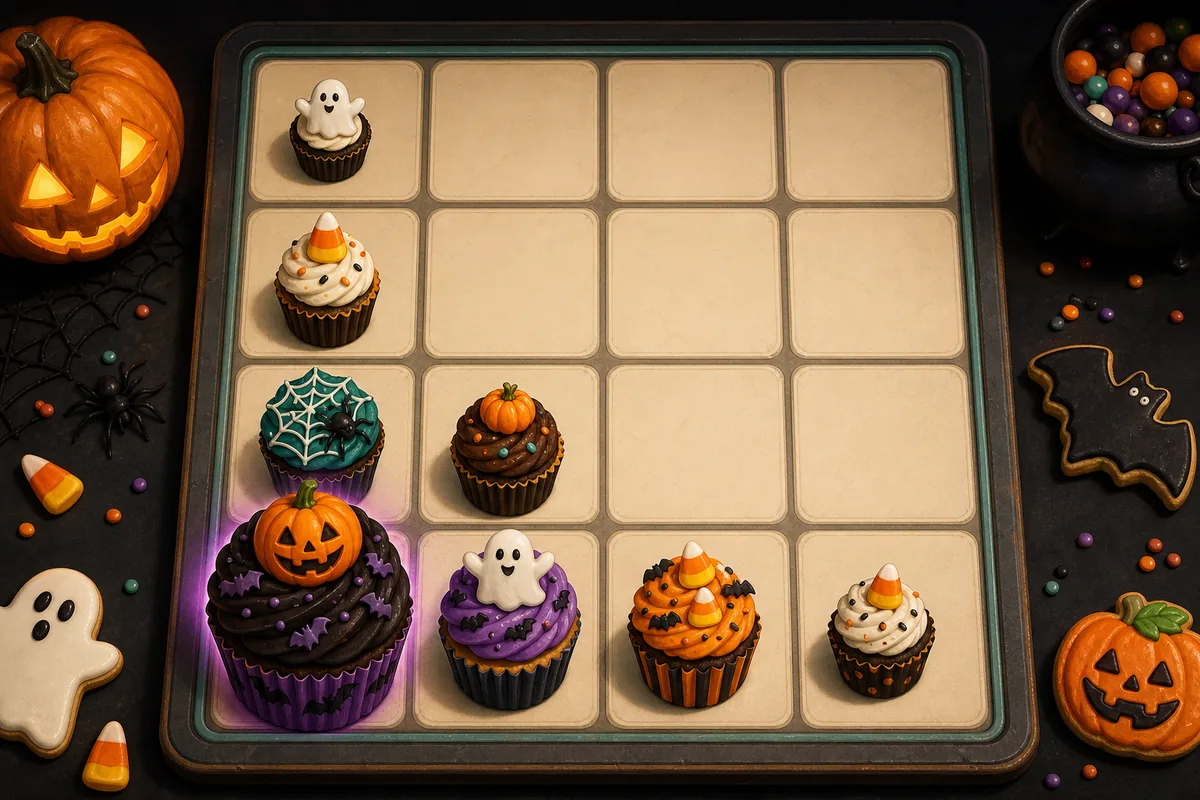 Editorial concept image showing a Halloween cupcake board arranged for corner strategy