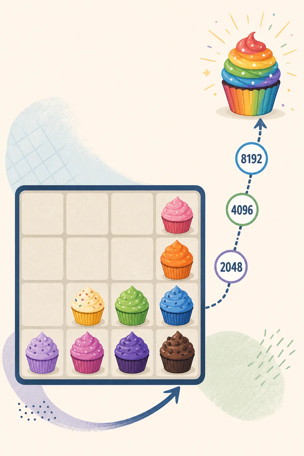 Editorial illustration of a 2048 Cupcakes board building from 2048 toward 4096 and 8192 score milestones
