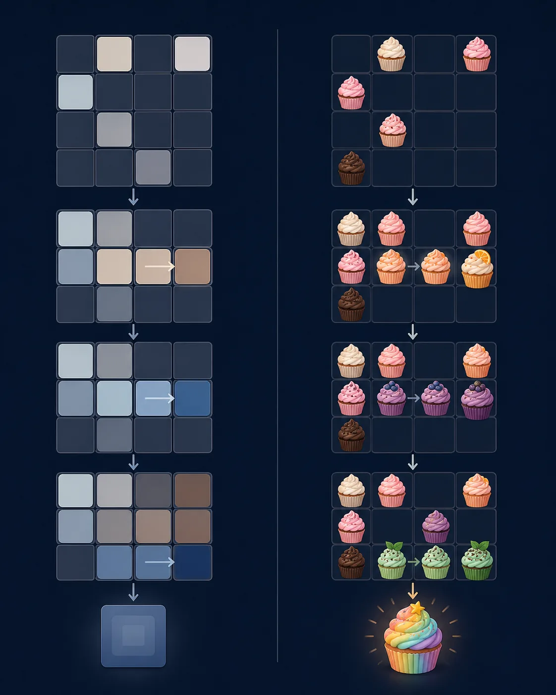Conceptual comparison between a classic number-based 2048 board and a cupcake-themed merge board