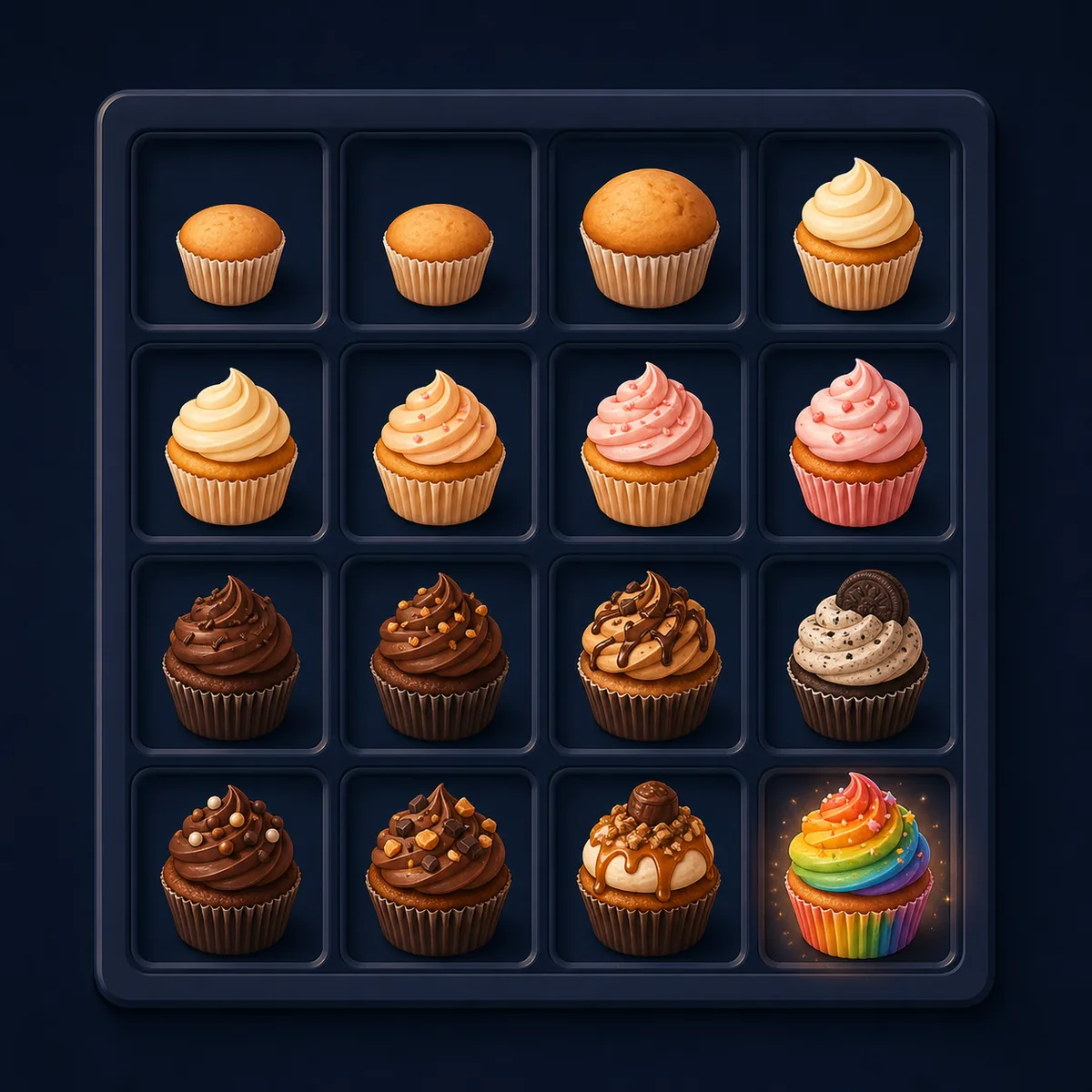 Editorial illustration of cupcake tiles progressing across a dark 2048-style board toward a Rainbow Cupcake