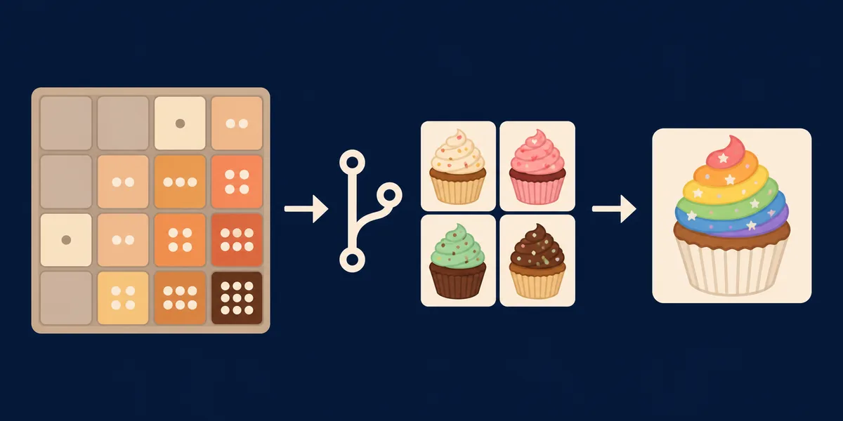 Conceptual flow from the classic 2048 puzzle through source and cupcake imagery to a Rainbow Cupcake goal