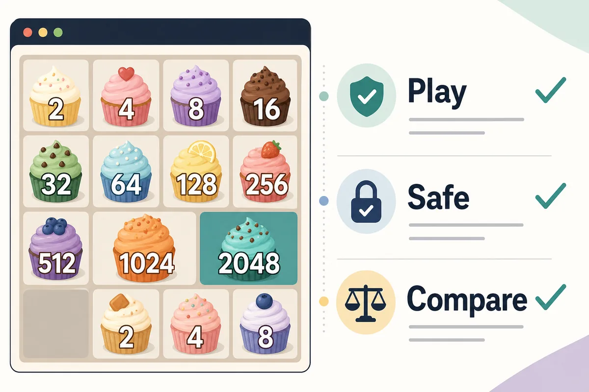 Editorial comparison graphic showing Cupcakes 2048 browser play and a safe version checklist