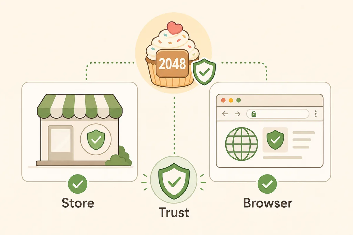 Editorial safety checklist illustration for choosing a 2048 Cupcakes app or browser version