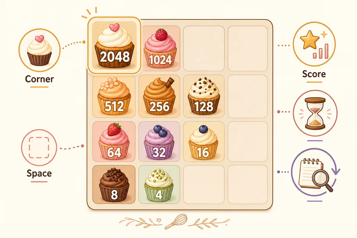 Editorial checklist illustration for protecting corner, open space, and score in 2048 Cupcakes