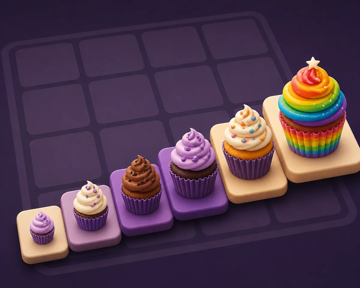 Editorial illustration showing a progression of cupcake tiles toward a rainbow cupcake on a dark 2048-style grid