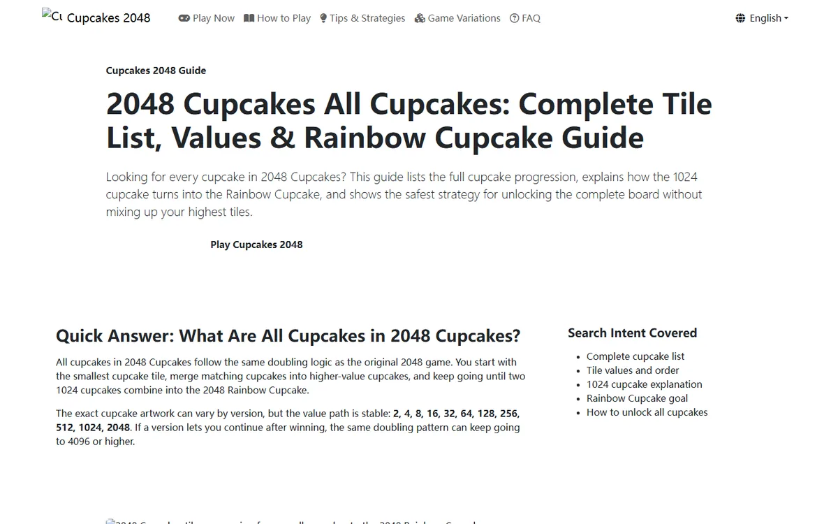 2048 Cupcakes tile guide page showing themed progression
